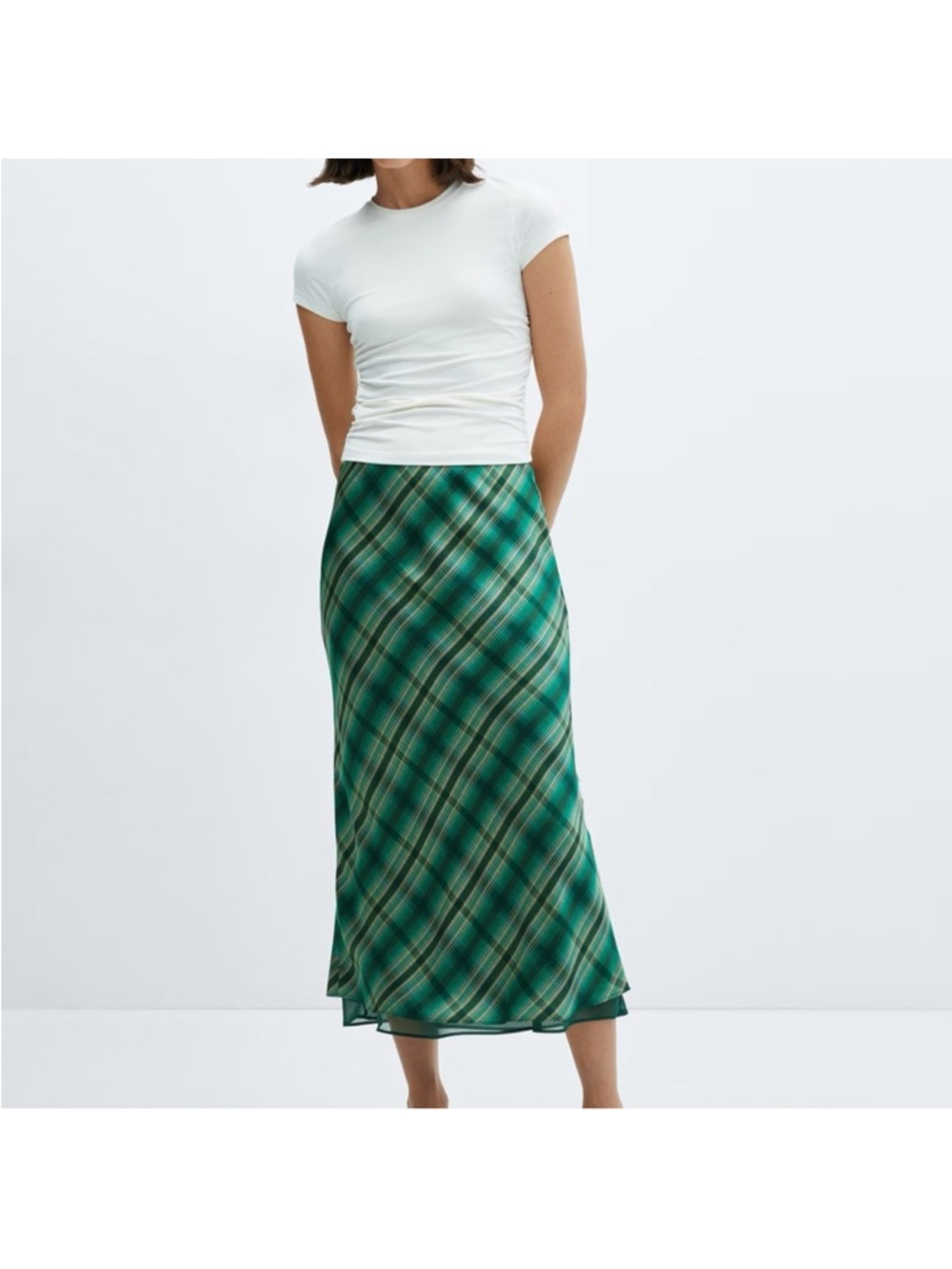 Mango Green Plaid Midi Skirt L